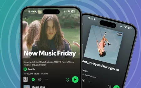 The Spotify New Music Friday playlist interface displays the new video feature for editor recommendations.