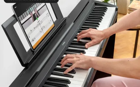 A digital piano learning app interface displays interactive sheet music and provides real-time audio feedback for keyboard...