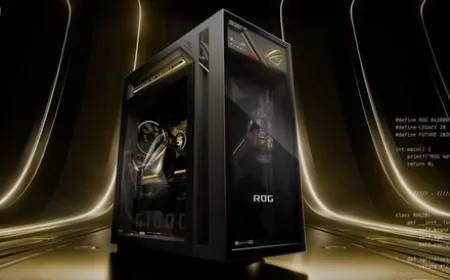 Asus ROG Edition 20 desktop featuring gold accents and holographic fan displays