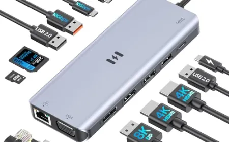 This workspace layout displays USB-C hubs, wireless display adapters, and direct cable routing for laptop connectivity.