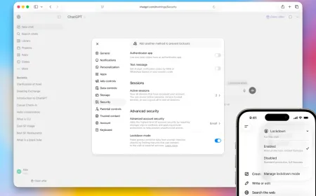 The interface displays OpenAI Lockdown Mode settings that restrict browsing and downloads to prevent prompt injection atta...