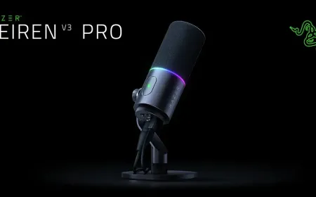 The Razer Seiren V3 Pro dynamic microphone features a prominent control dial and XLR connector.