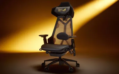 The black and gold Asus ROG Destrier chair is displayed alongside the matching SLASH anniversary luggage collection.