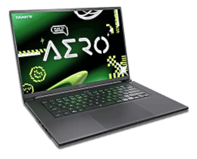 The Gigabyte Aero X16 mobile workstation laptop features a silver chassis and dark keyboard.
