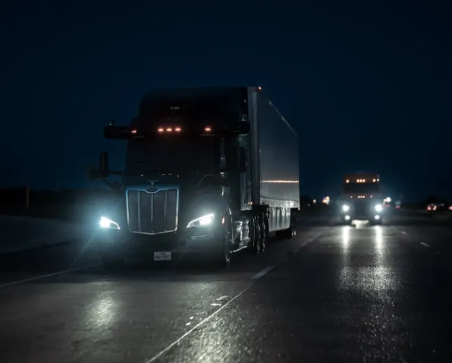 A commercial vehicle travels along a dark highway with reduced visibility and headlight glare.