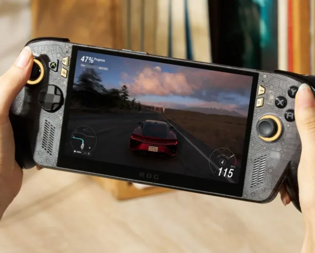 The Asus ROG Ally X20 handheld console features gold accents, a large OLED display, and updated analog sticks.