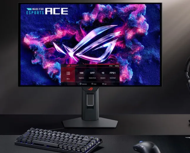 Asus ROG gaming monitors featuring OLED and IPS display panels.