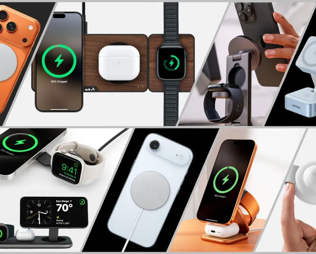 Various MagSafe and Qi2 compatible wireless chargers are arranged on a flat surface.