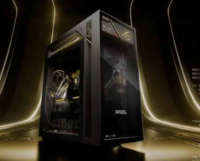 Asus ROG Edition 20 desktop featuring gold accents and holographic fan displays