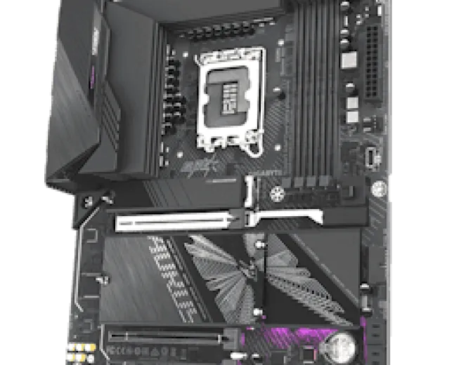 Gigabyte Z890 Aorus Elite Wi-Fi7 Plus motherboard showing PCIe Gen 5 slots, M.2 heatsinks, and rear USB ports.