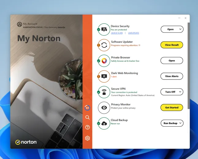 Dashboard showing a security suite that combines antivirus, VPN, password manager, and backup capabilities.