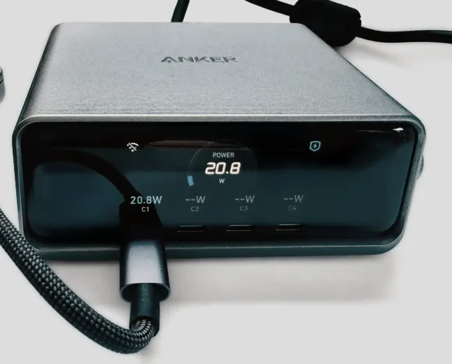 The Anker Prime 250W Charging Station displays six ports, an LCD screen, and a manual power dial.