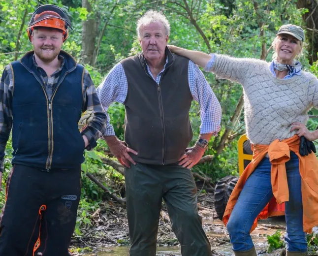 Title card for Clarkson's Farm season five alongside a biweekly release schedule graphic