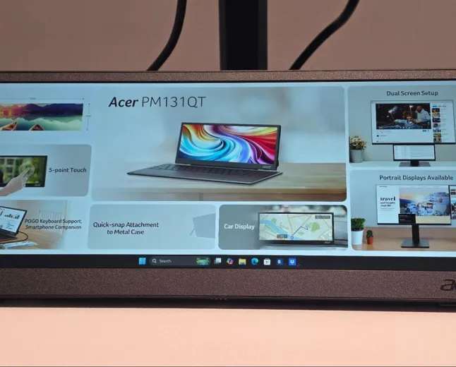 The Acer PM131QT portable monitor features a 12.3 inch ultrawide display with touch controls and magnetic mounting brackets.