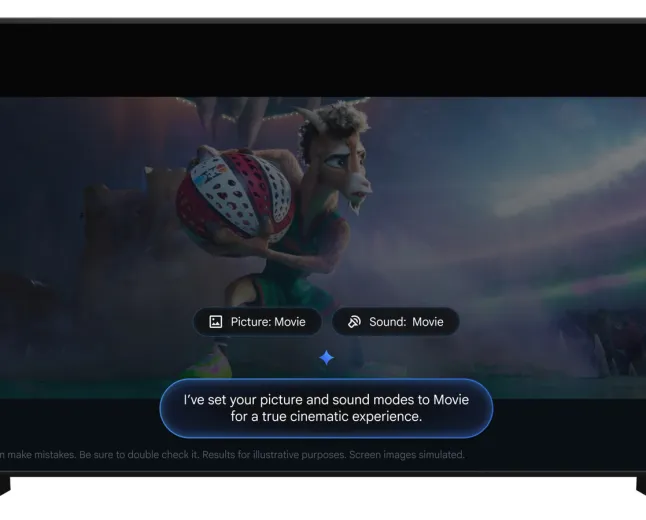 A TCL television displays the Google TV interface with Gemini voice controls for adjusting picture settings.