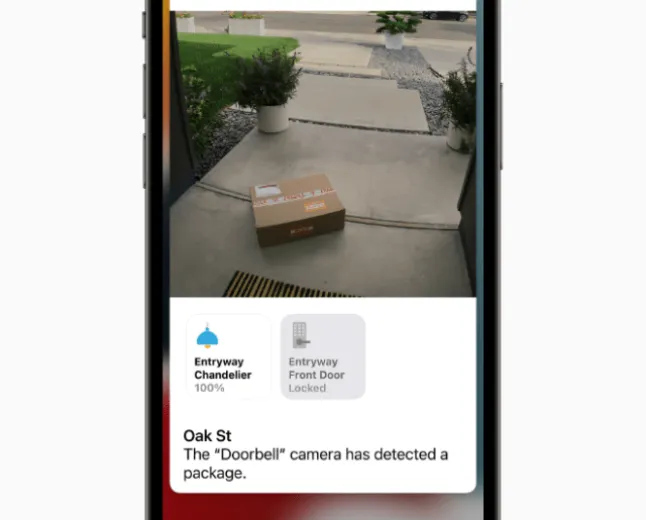 iPhone screen displaying HomeKit Secure Video interface with AI video summaries and camera settings